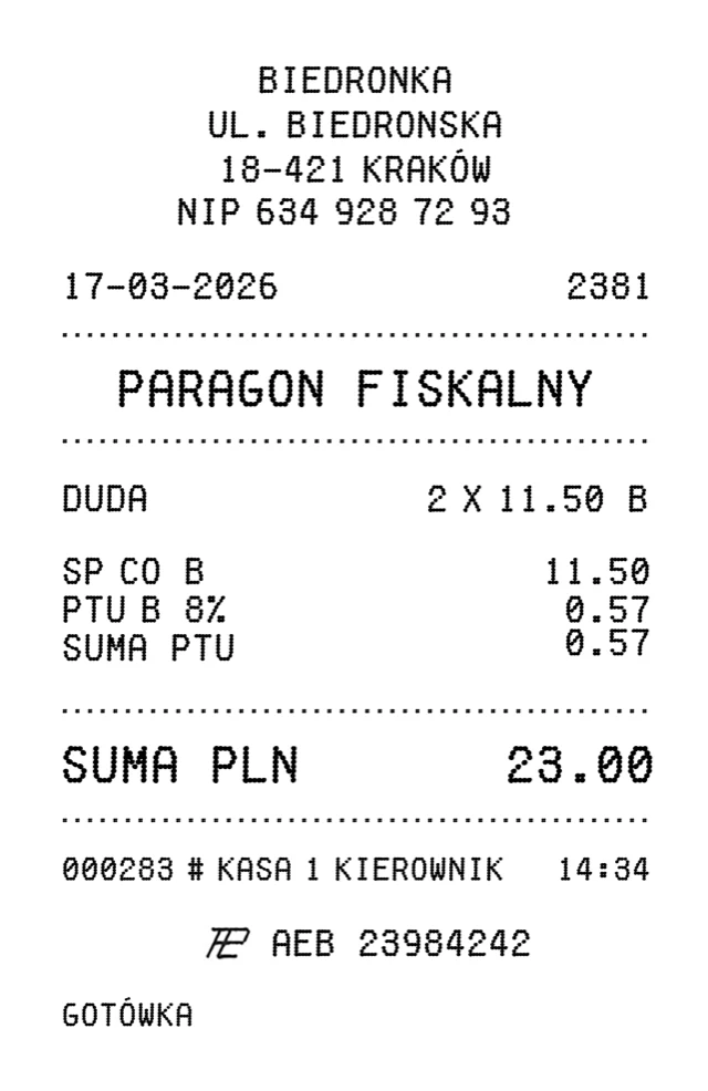 Paragon z zaznaczonym miejscem, w którym znajduje się szukana informacja